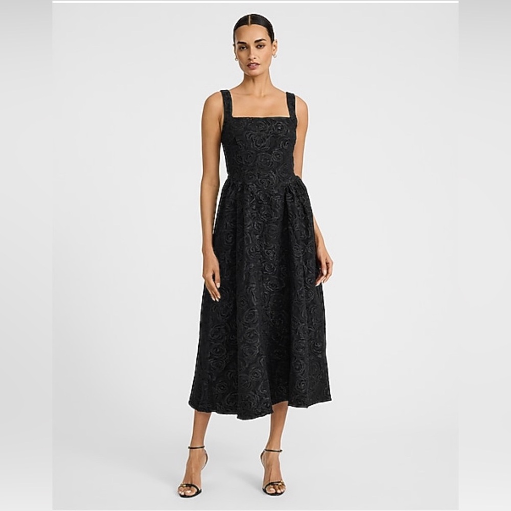 NWT Express Floral Jacquard Square Neck Drop Waist Midi Dress